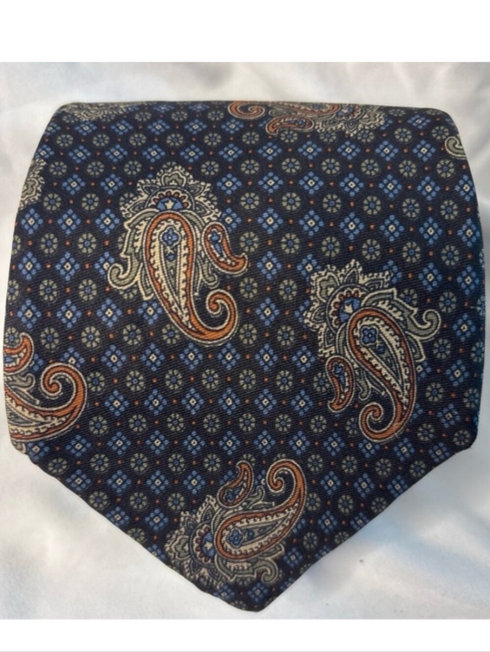 John Henry Dillard Mens Silk Tie Paisley Blue Red Tan Geometric Made In USA 59x3